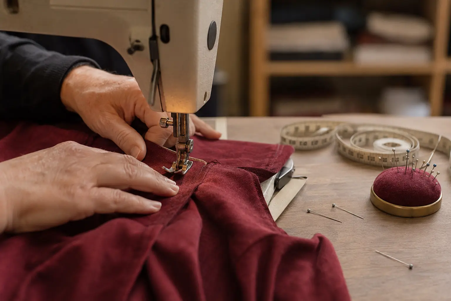 Close view of a garment being carefully altered at a sewing machine
