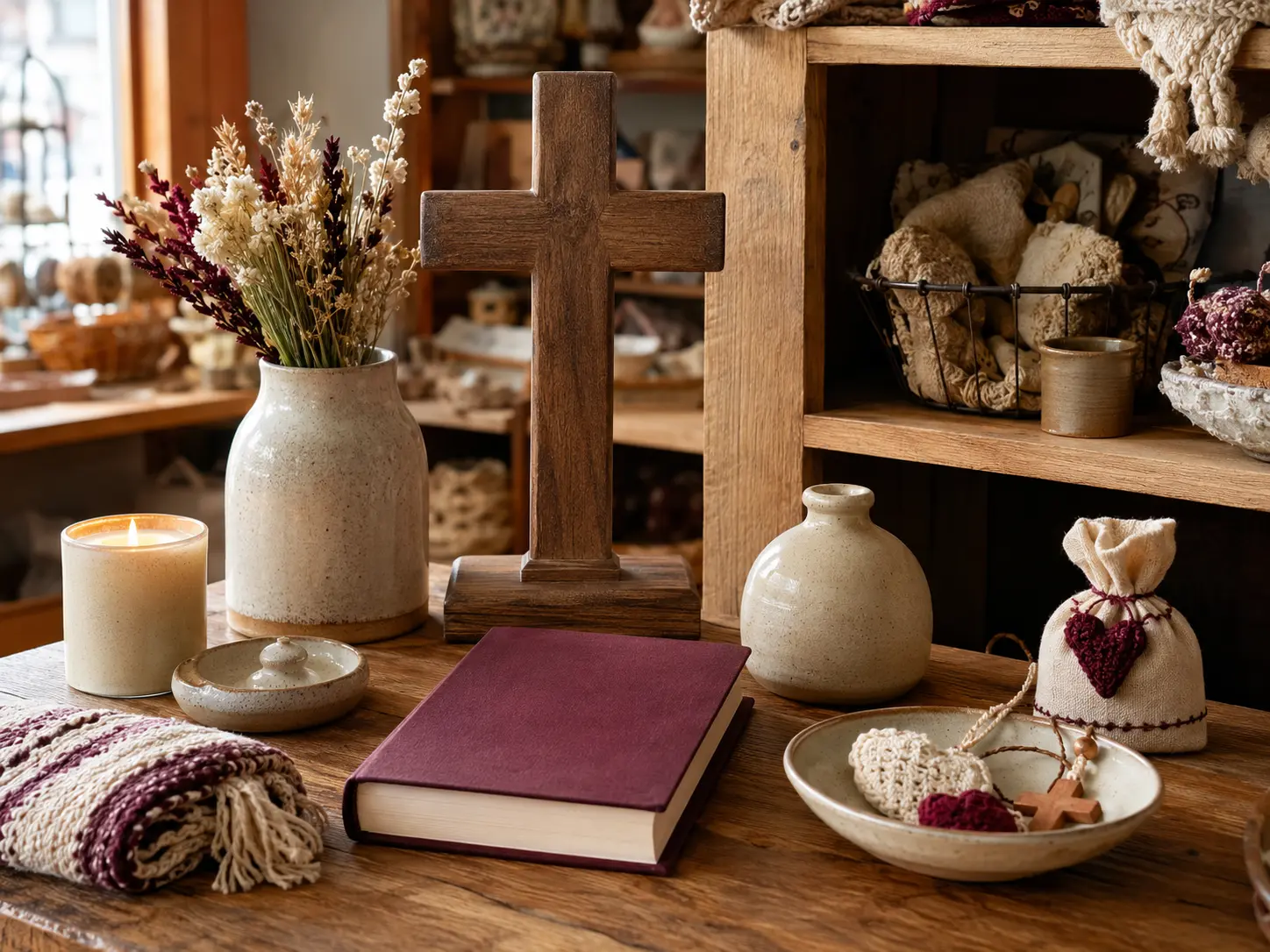 A warm display of faith-centered gifts and small decor