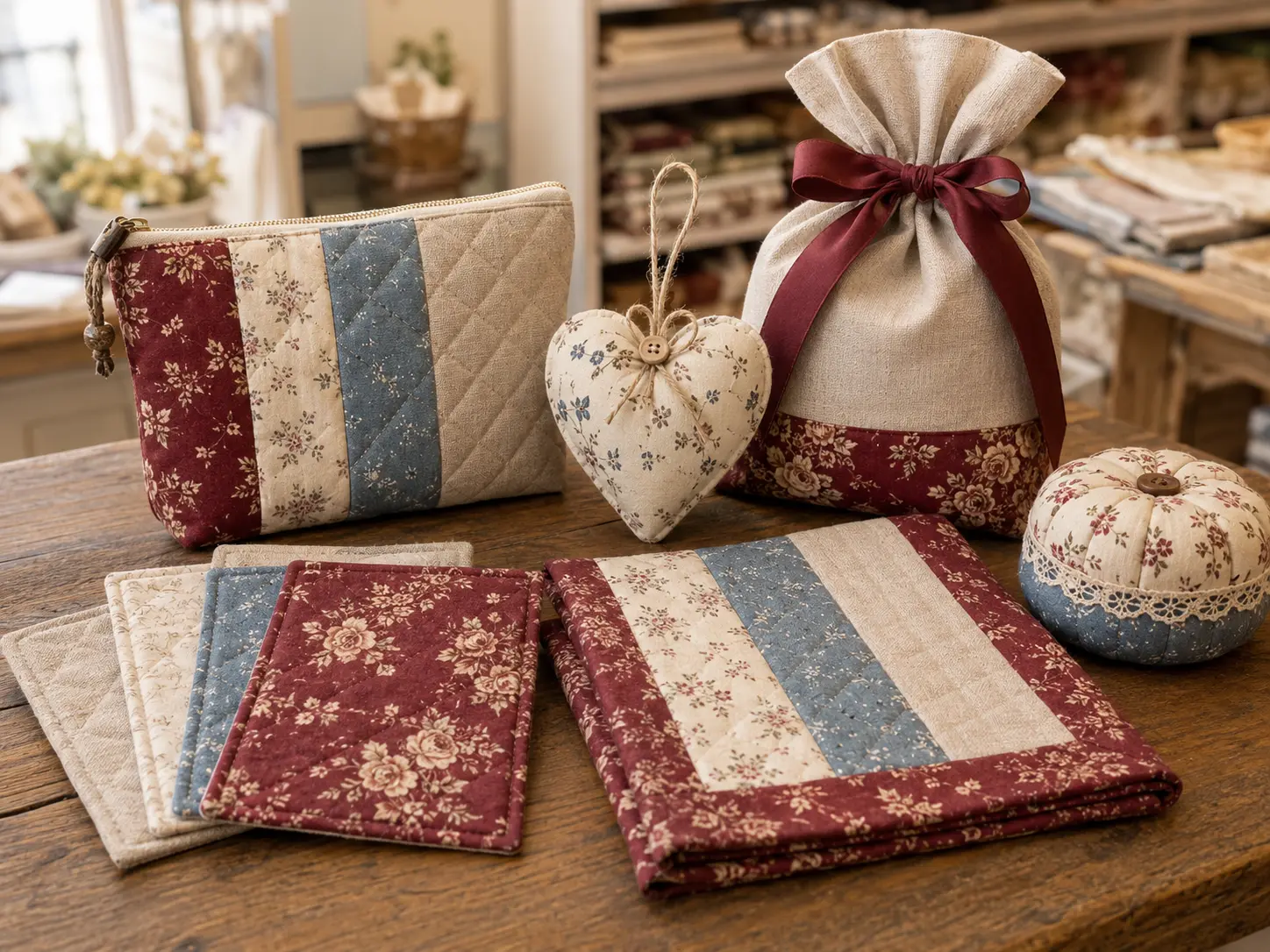 Handmade fabric items arranged on a wood counter