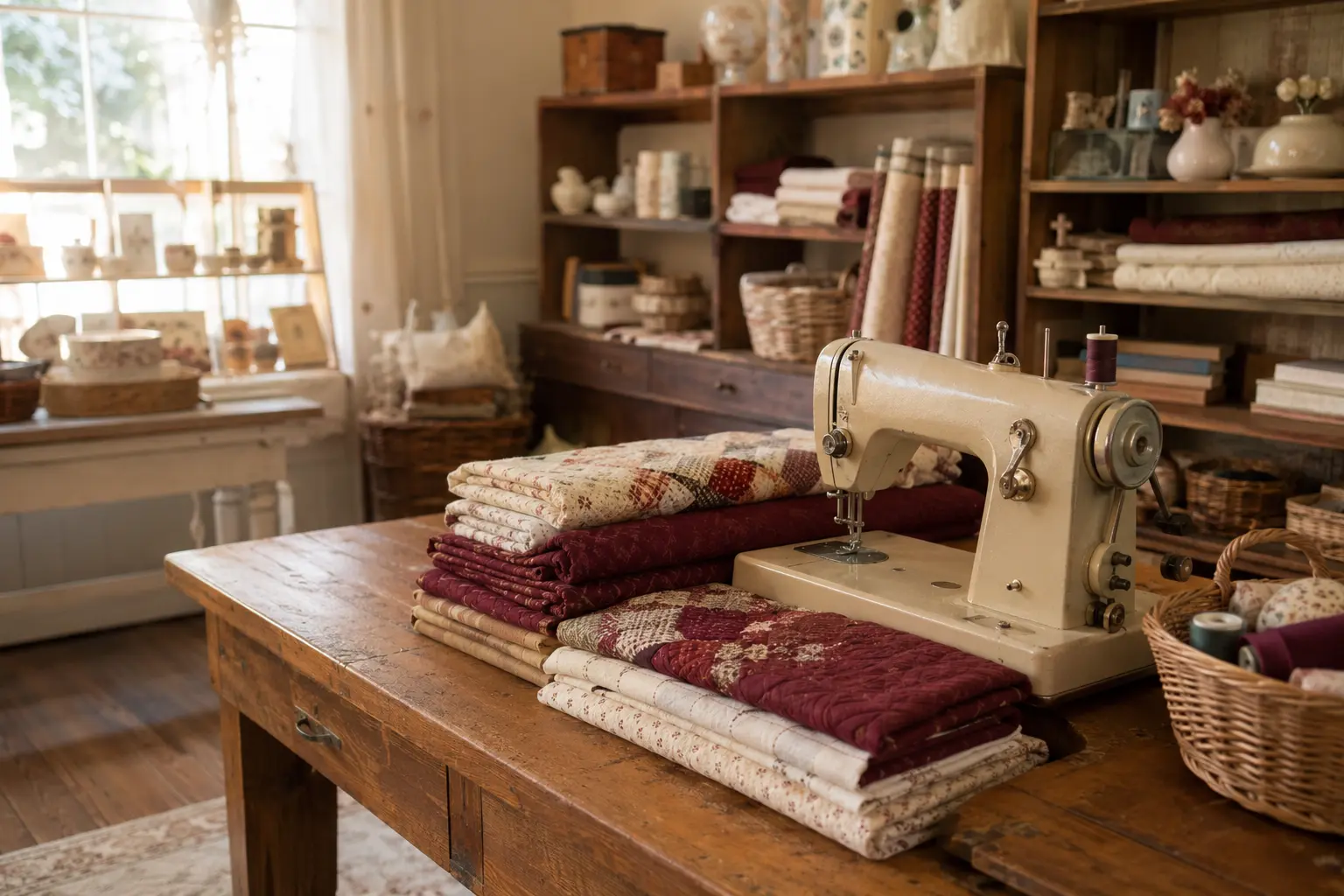 A warm sewing-shop worktable with a sewing machine and folded fabric