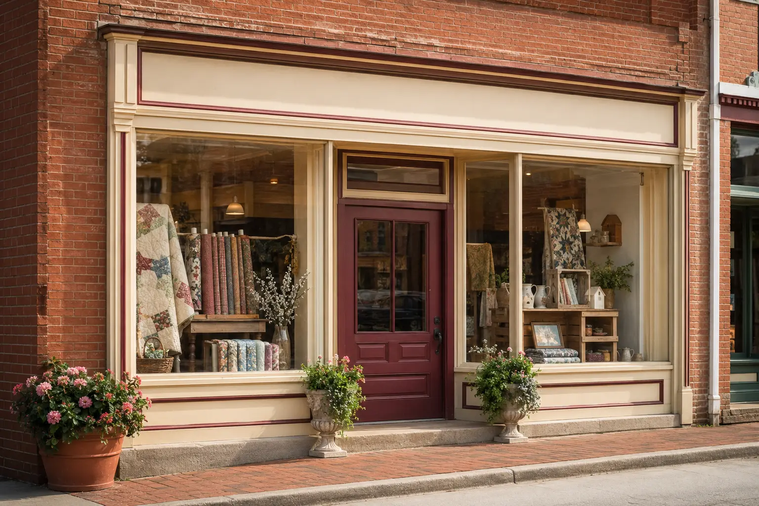 A welcoming concept image of a small-town sewing shop storefront
